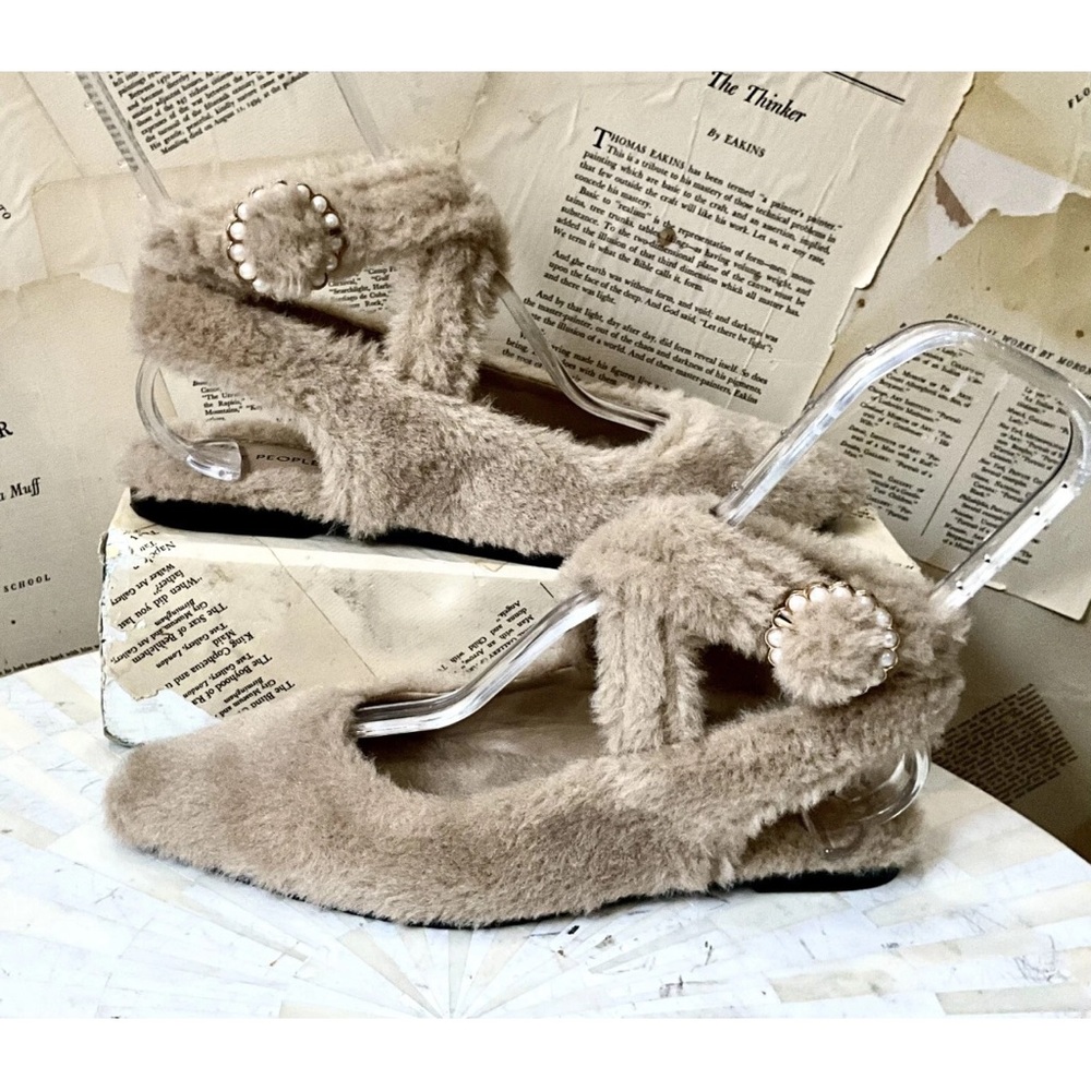 Free People Faux Shearling Parisa Pointed Flats Almond Tan Pearl Buckle - Picture 3 of 9